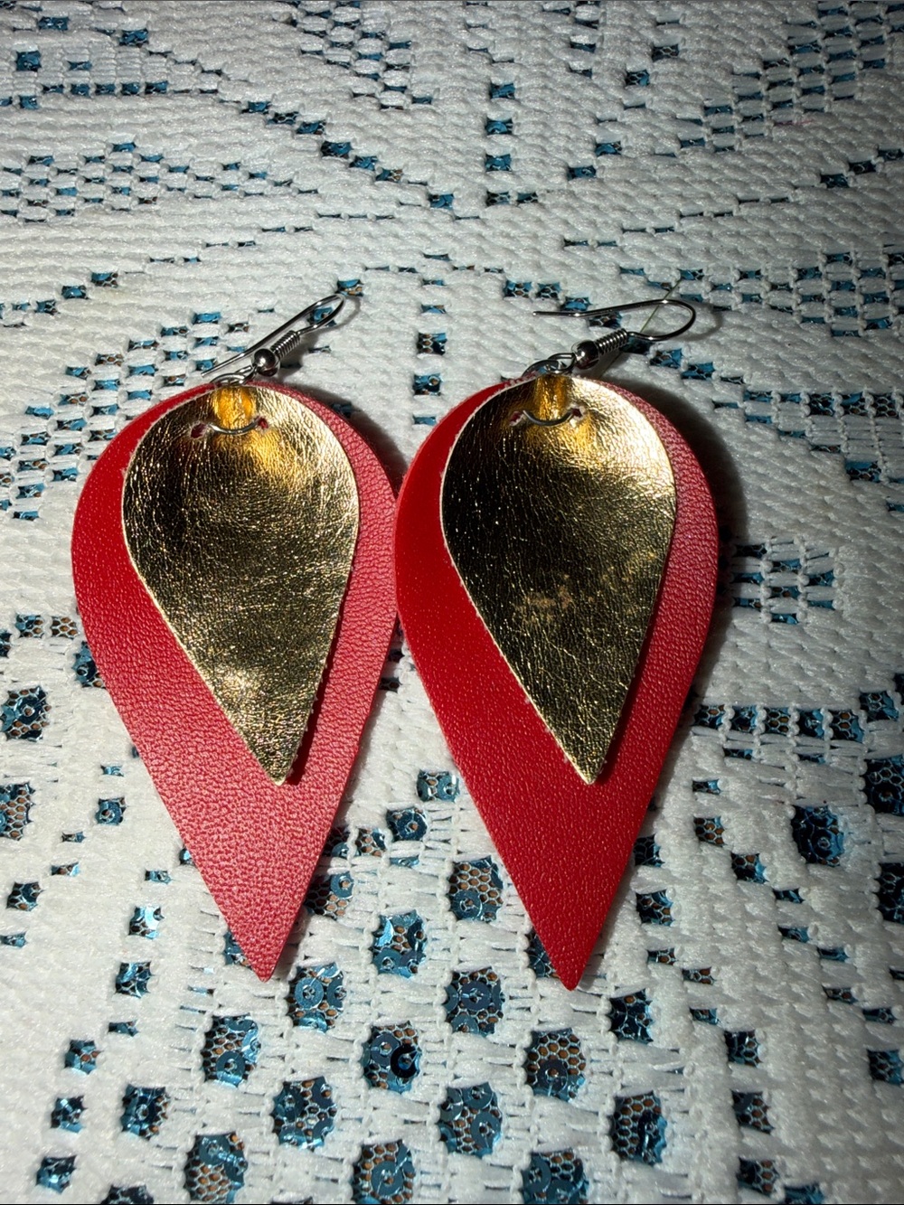 Red and Gold Teardrop Dangle Earrings - Unbranded